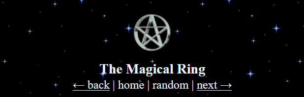 webring code in 90s geocities style with a star background and spinning pentagram. Home, random, back and next links