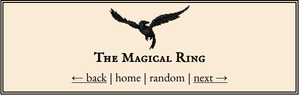 webring code in an old book style with a black crow. Home, random, back and next links.